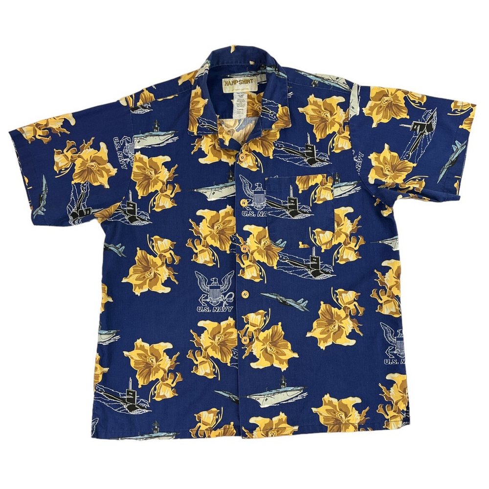Vintage US NAVY Eagle Crest Hawaiian Camp Shirt Short Sleeve Blue Size Large